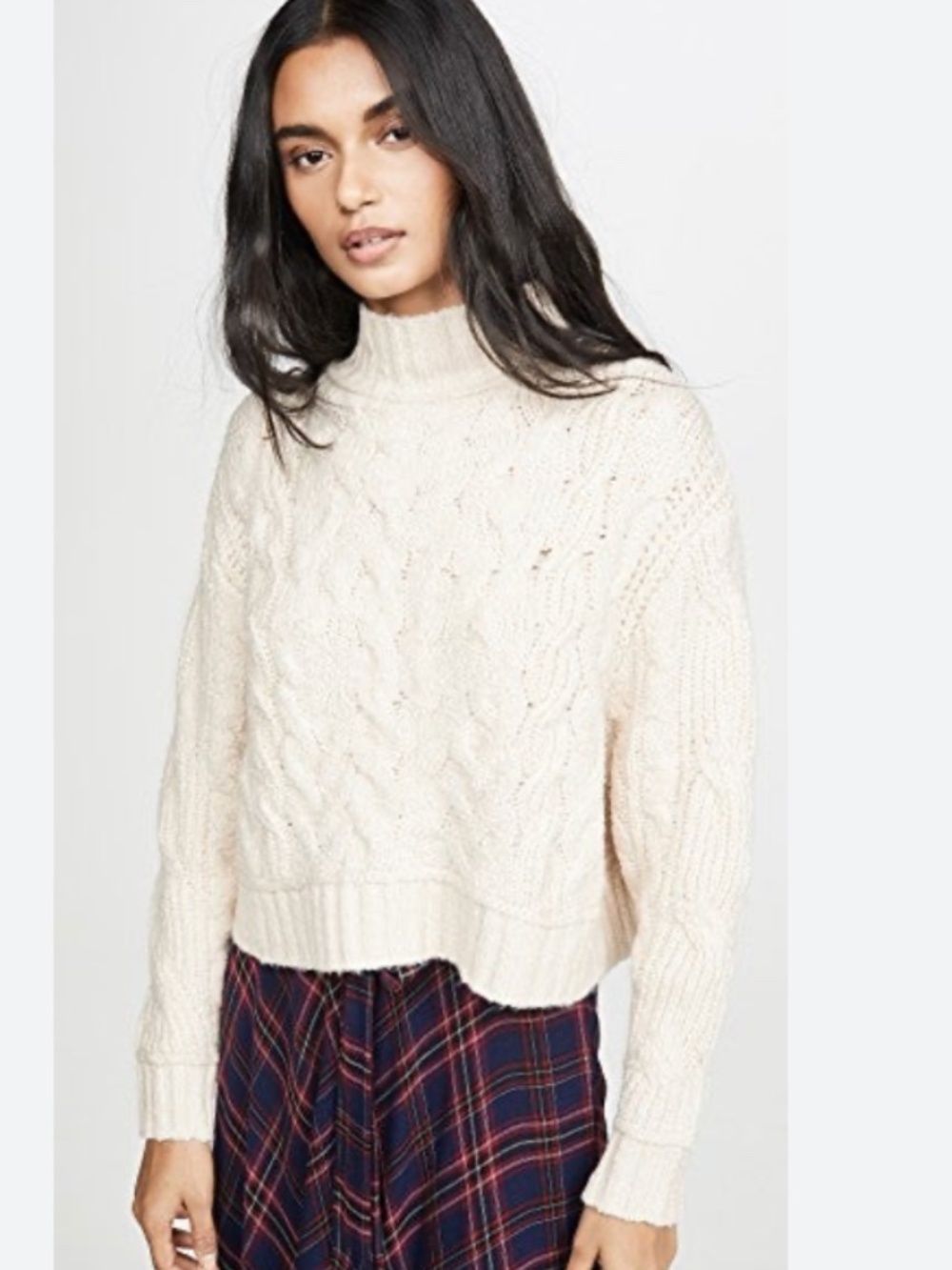 Free People Merry Go Round Cable Knit Sweater Small Ivory NWT Cropped Mock Neck